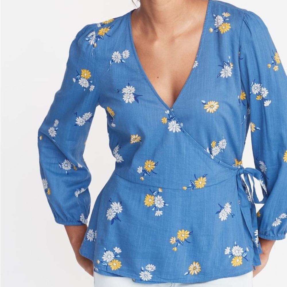 Old Navy Blue Floral Wrap Blouse